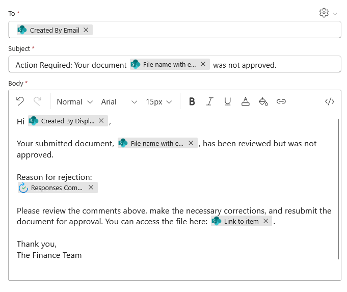 Email template notifying submitter that the document was not approved