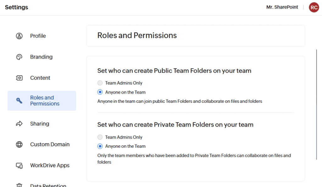 Zoho WorkDrive settings for roles and permissions with team folder creation options