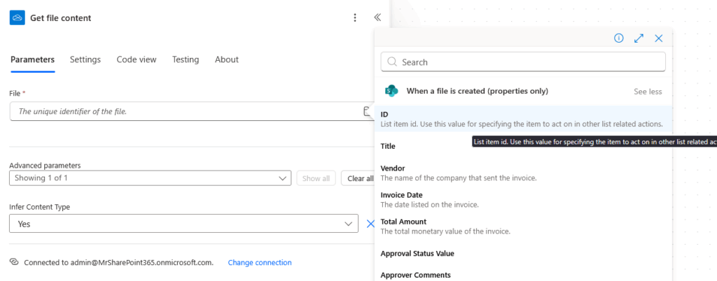 File content action setup with list item ID as the identifier