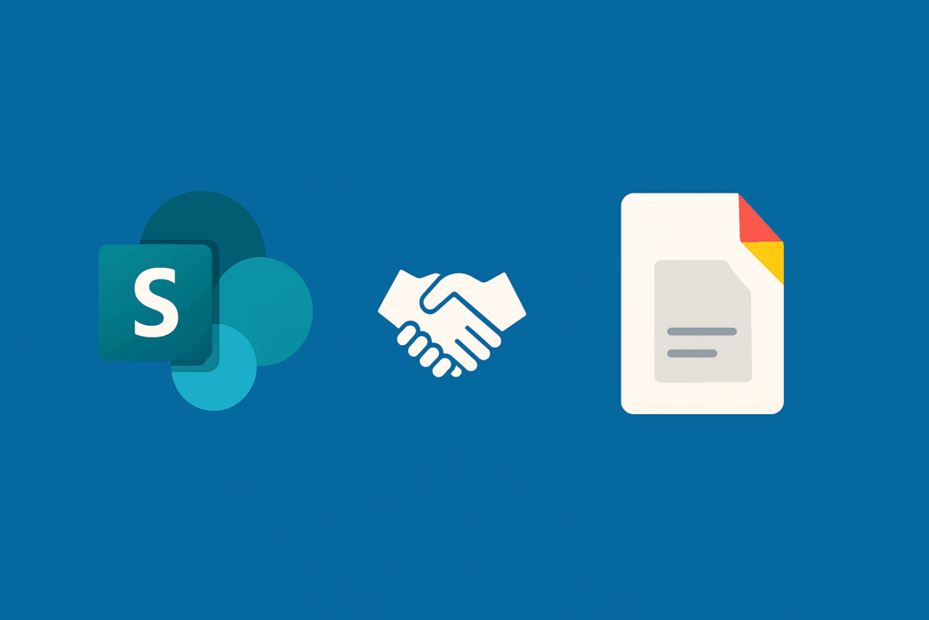 Graphic showing SharePoint and Zoho WorkDrive icons side by side with a handshake in between