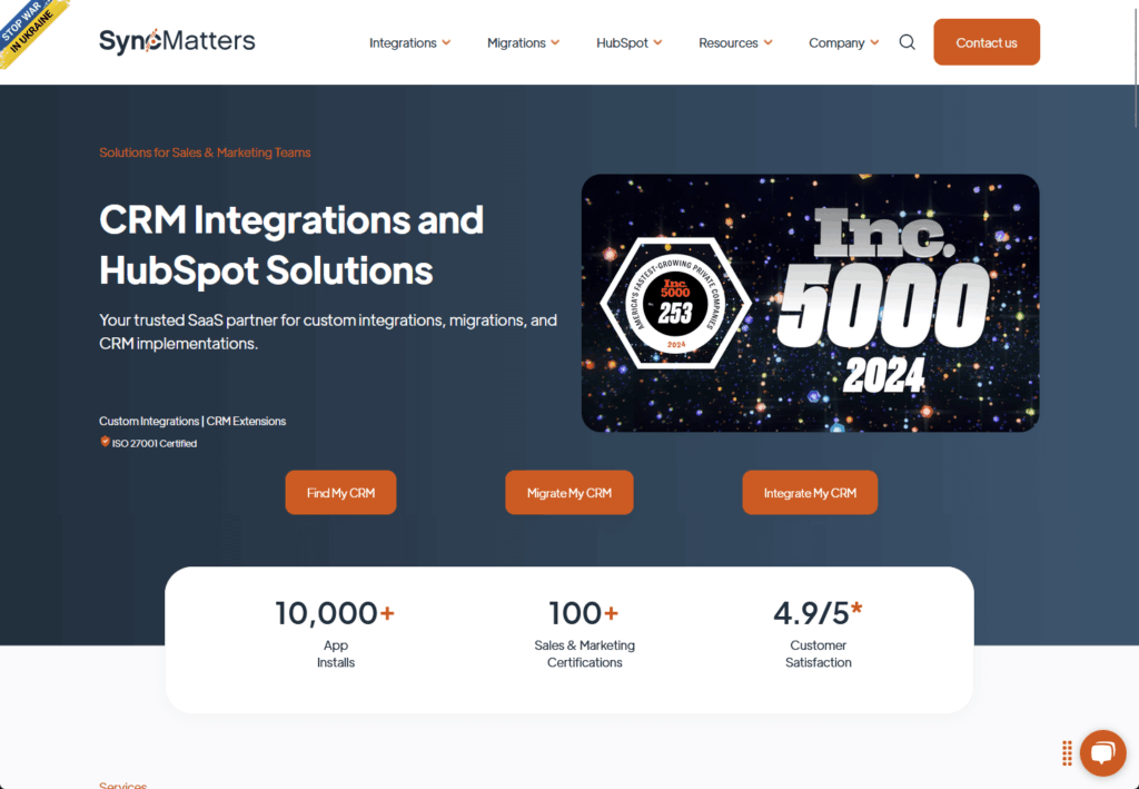 SyncMatters homepage for CRM integrations