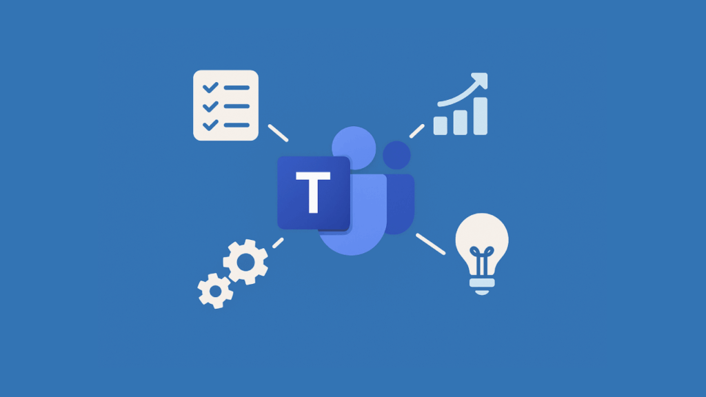 Blue graphic with Microsoft Teams logo connected to icons for tasks, growth, ideas, and settings