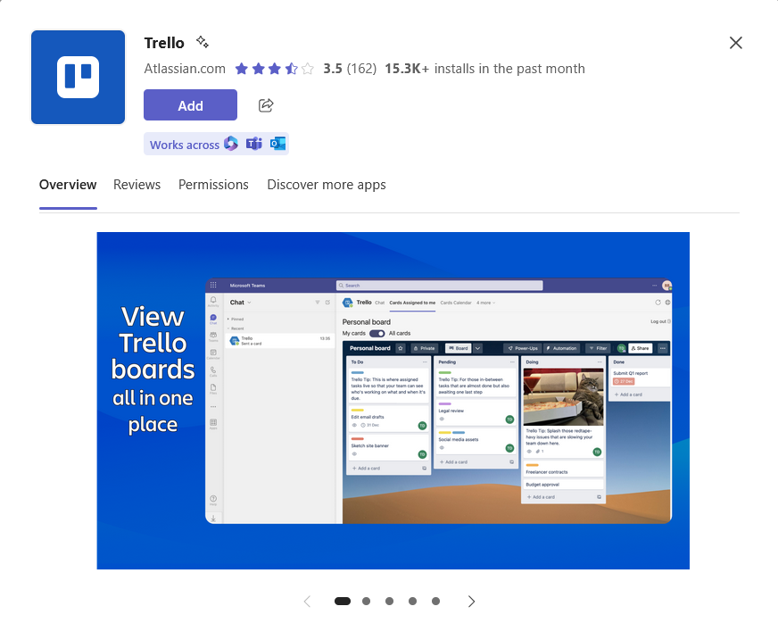 Trello Teams app overview showing a Trello board and rating