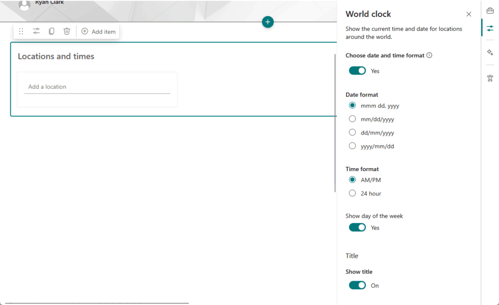 world clock web part and properties
