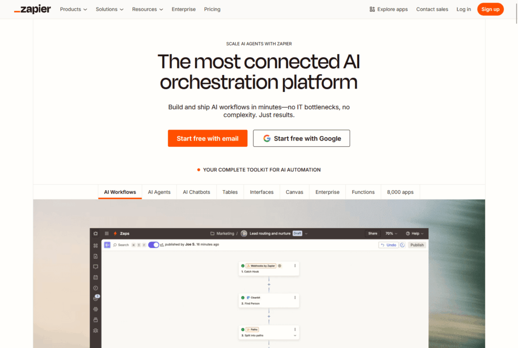 Zapier homepage for AI orchestration