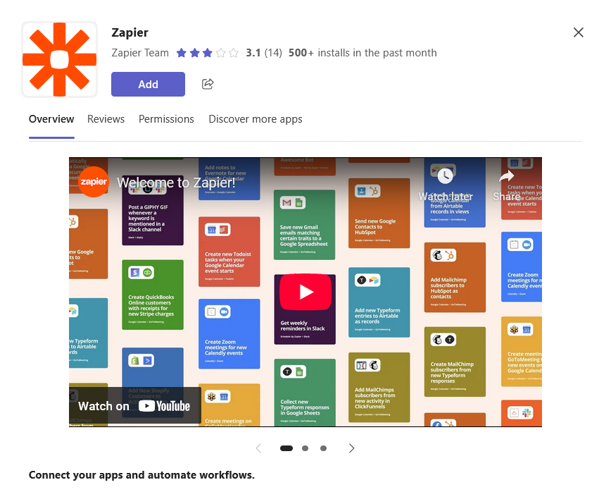 Zapier Teams app with colorful workflow examples and a video preview