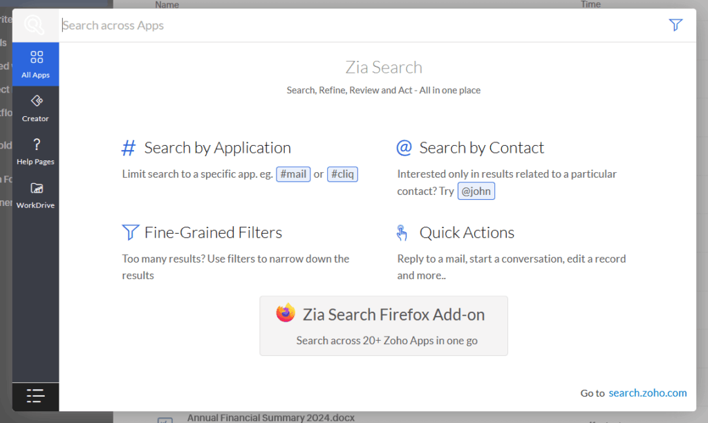 Zia Search interface in Zoho Workspace with application and contact search options