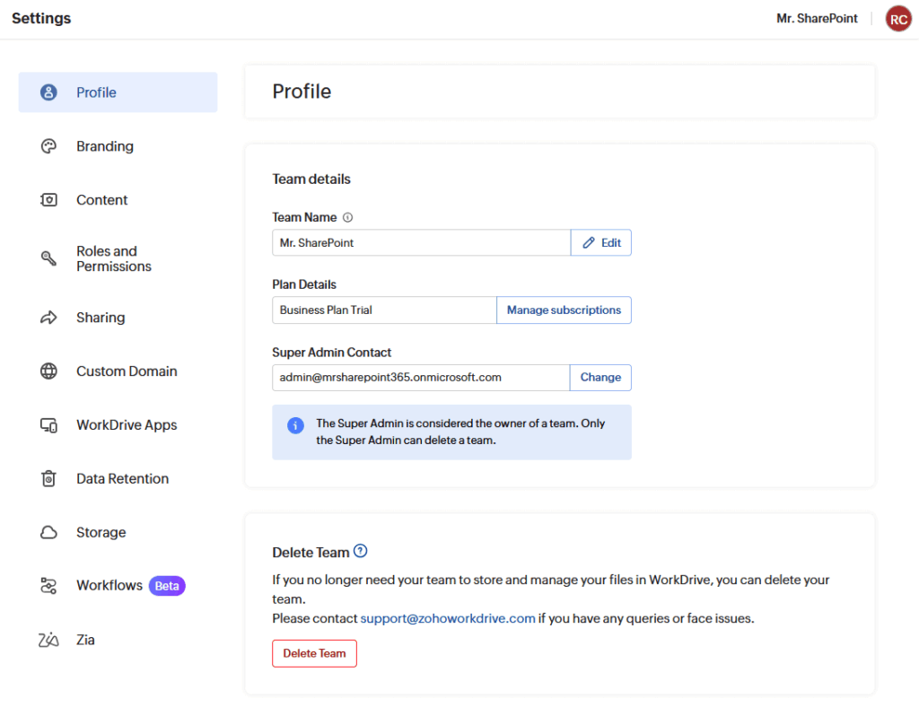 Zoho WorkDrive profile settings with team details, admin contact, and delete team option