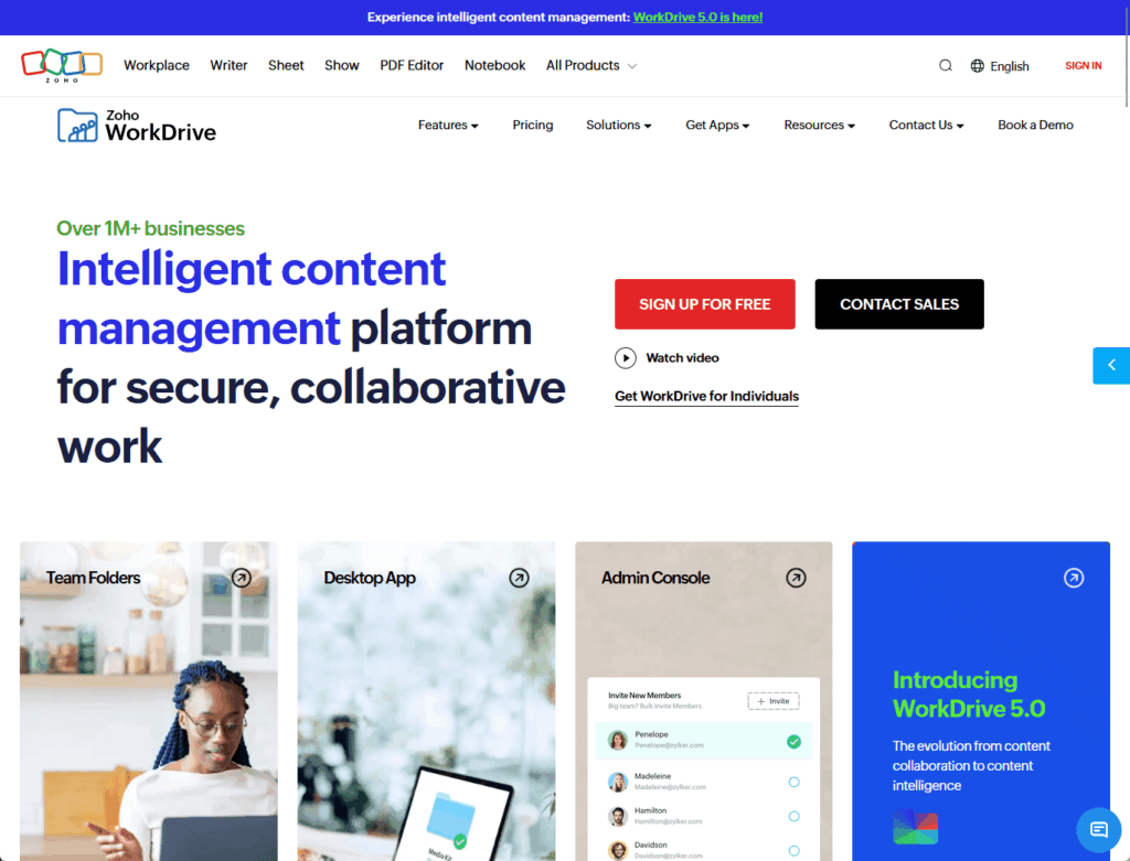 Zoho WorkDrive homepage showing sign up options and feature highlights.