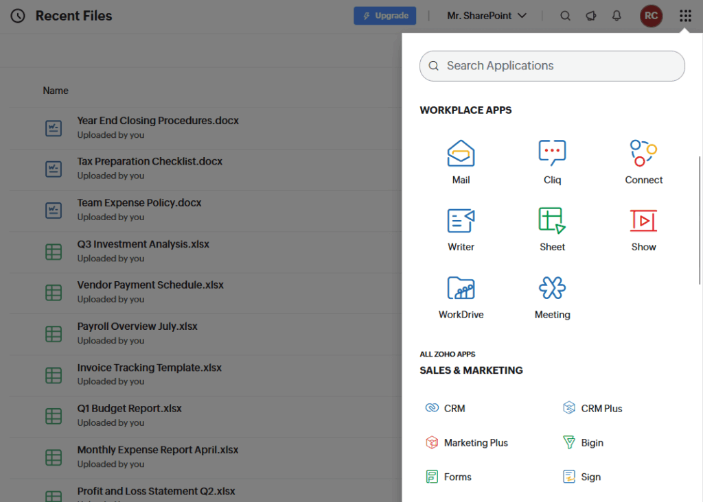 Zoho Workplace app launcher with icons for WorkDrive, Mail, Writer, Sheet, and more.