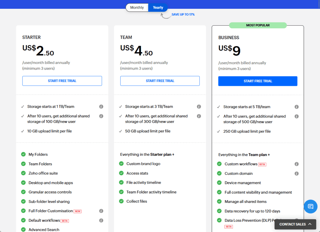 Zoho WorkDrive pricing plans comparing Starter, Team, and Business tiers