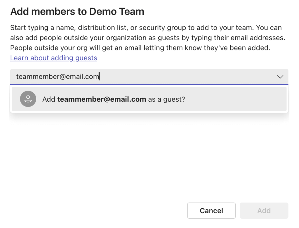 Adding external email as guest in Microsoft Teams