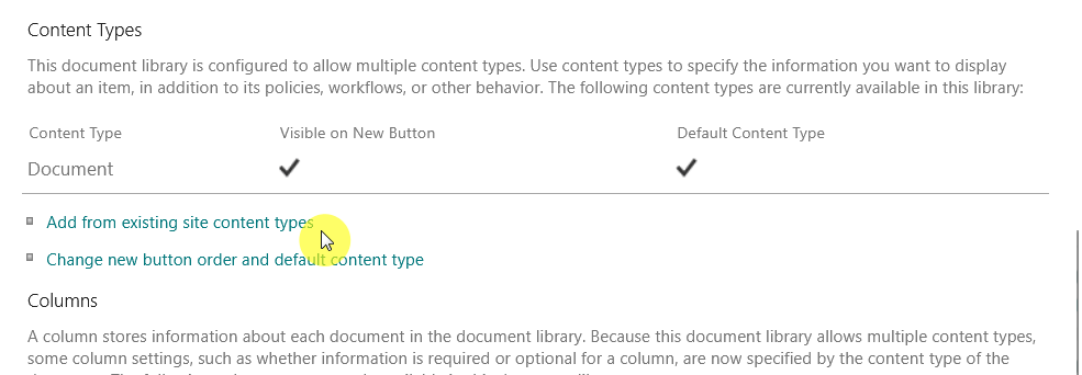 SharePoint document library settings page to add from existing site content types