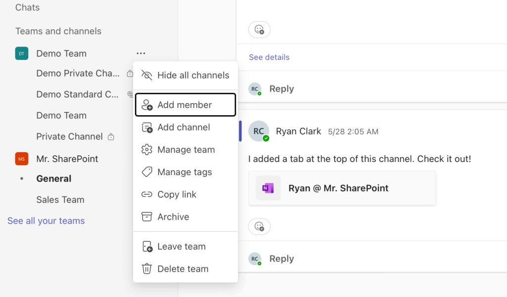 Add member option in Microsoft Teams menu