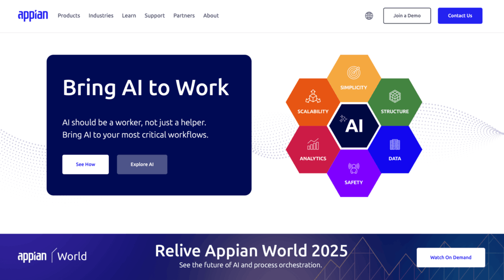 Appian website homepage highlighting AI for workflow automation