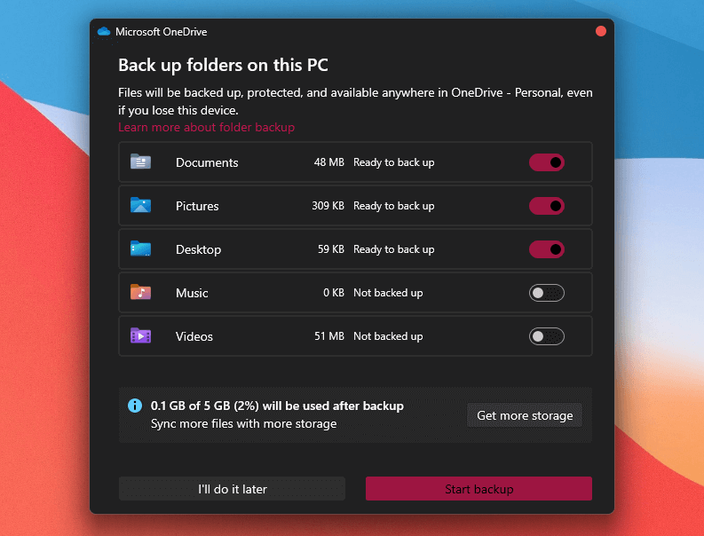 Onedrive backup folders screen