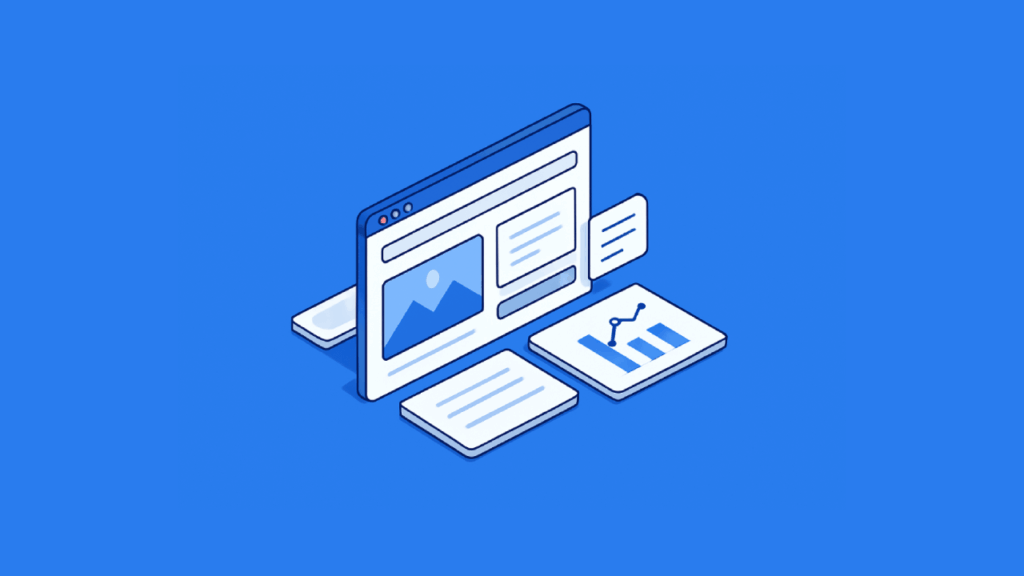Isometric illustration of a web interface with content blocks and analytics chart