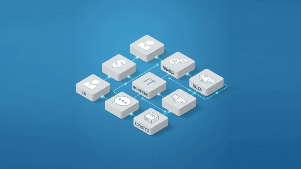 isometric illustration of business departments connected in workflow