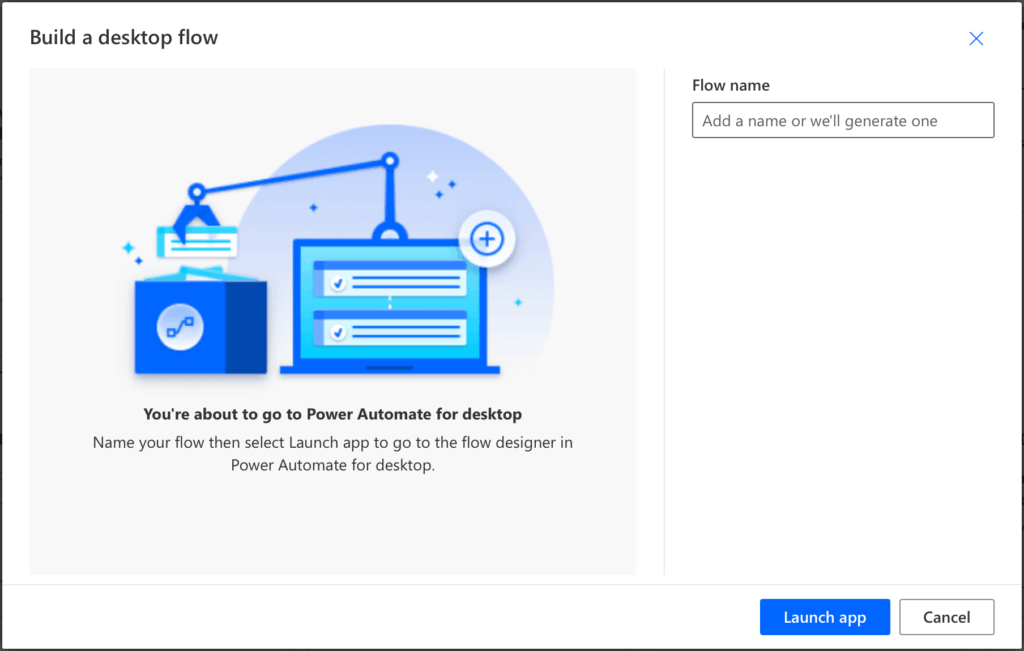 Power Automate desktop flow creation dialog with flow name field