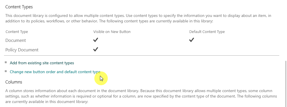 Content Types settings page showing Document and Policy Document as options, both visible on New button