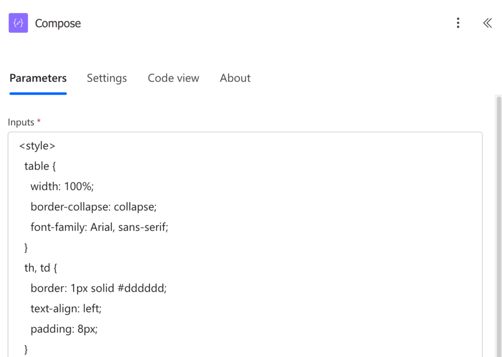 Compose action showing HTML table styling code