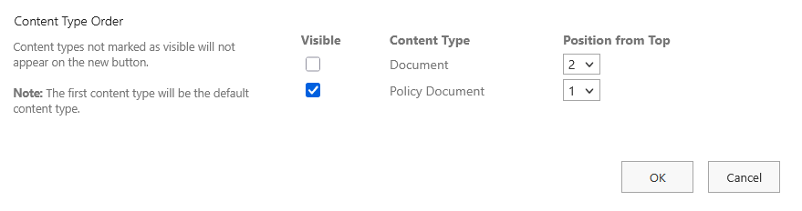 Settings to change the order and visibility of content types on the New button in SharePoint
