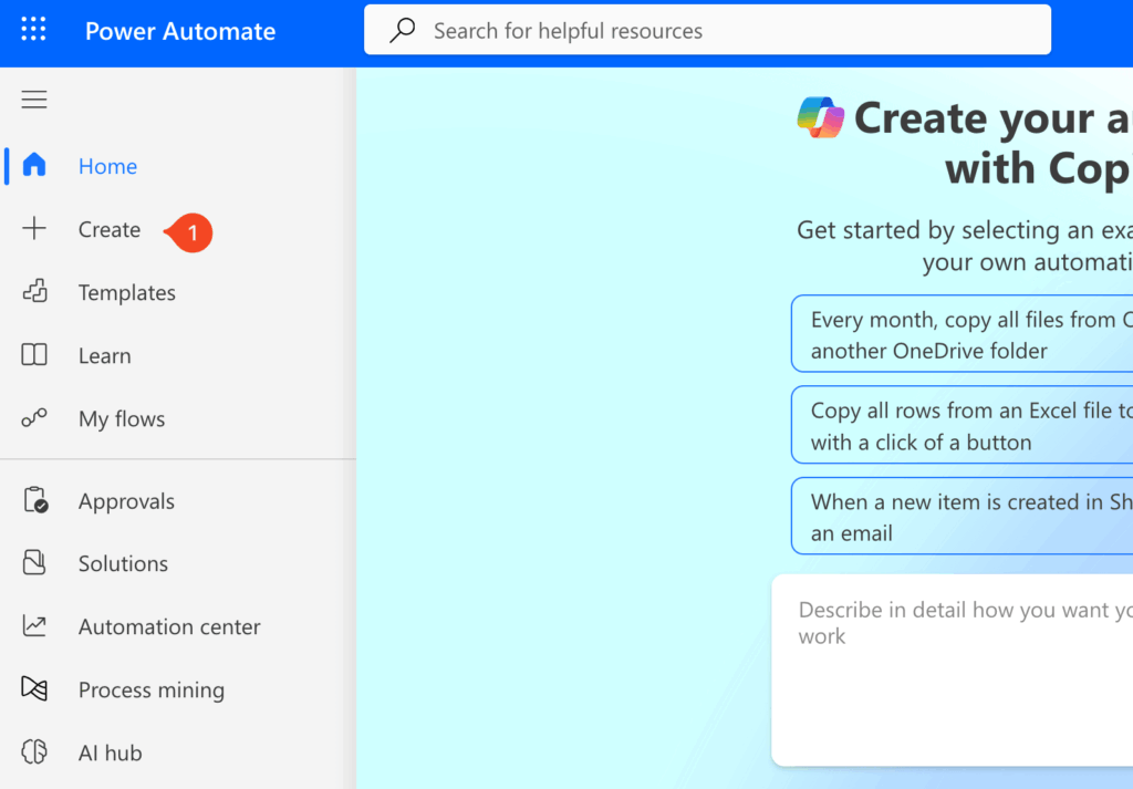 Power Automate home screen with “Create” button highlighted