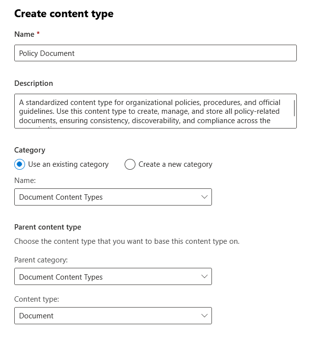 Form to create a new Policy Document content type with name, description, category, and parent type