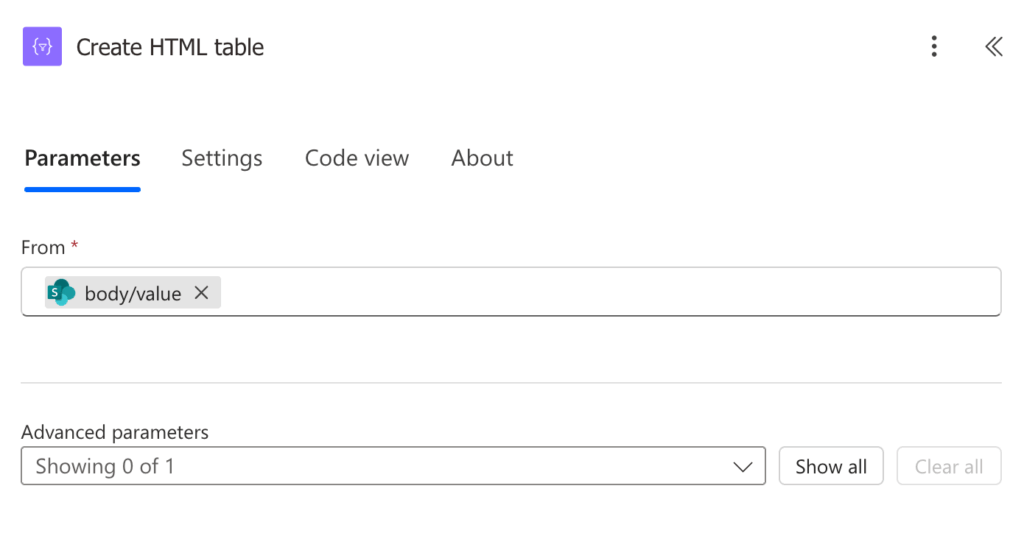 Create HTML table action with SharePoint body/value input