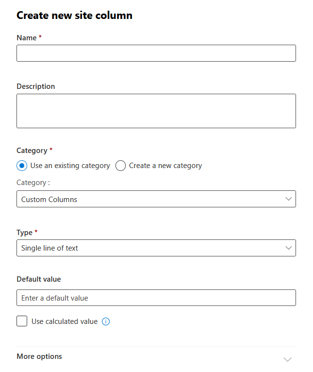 SharePoint form to create a new site column, showing fields for name, description, category, and type
