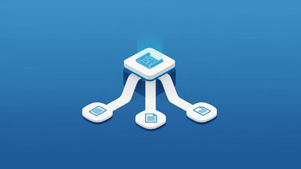 Isometric illustration showing a central blueprint icon connected by three pathways to three smaller document icons on a blue background, representing a template distributed to multiple sites