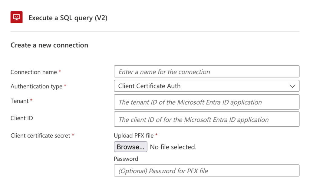 Power Automate SQL query action with client certificate authentication setup