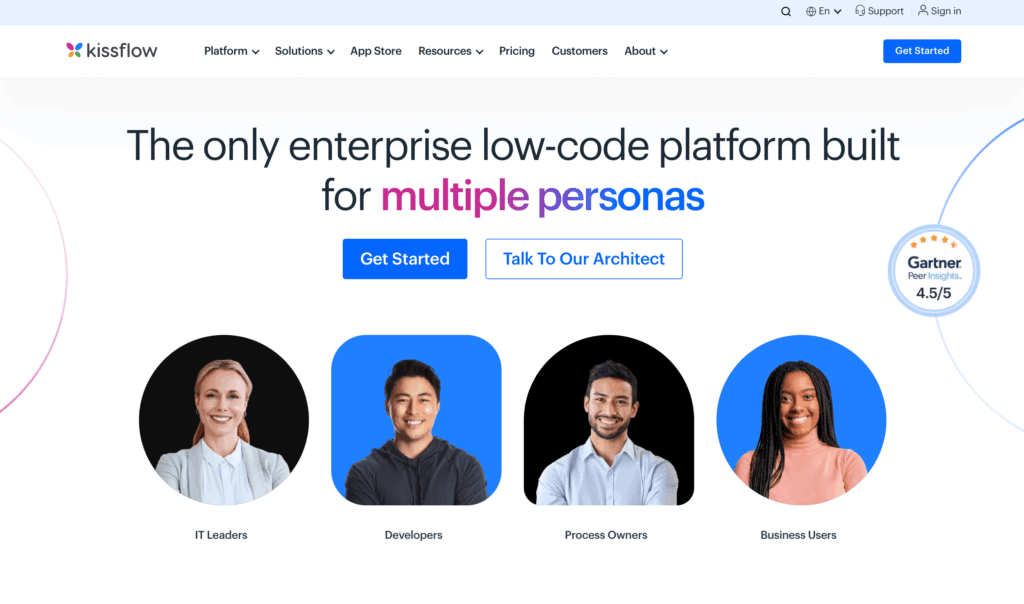 Kissflow homepage promoting low-code platform for multiple personas