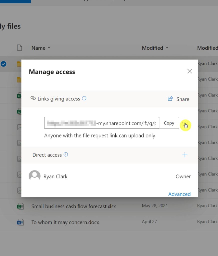 OneDrive 'Manage access' dialog showing file request upload link