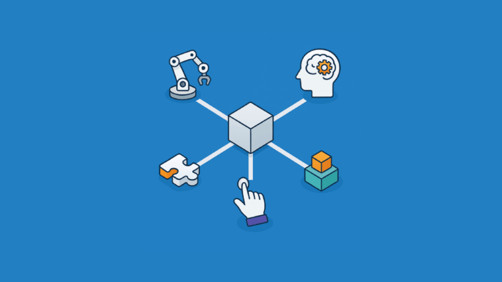 Illustration of automation and AI process icons around a central cube