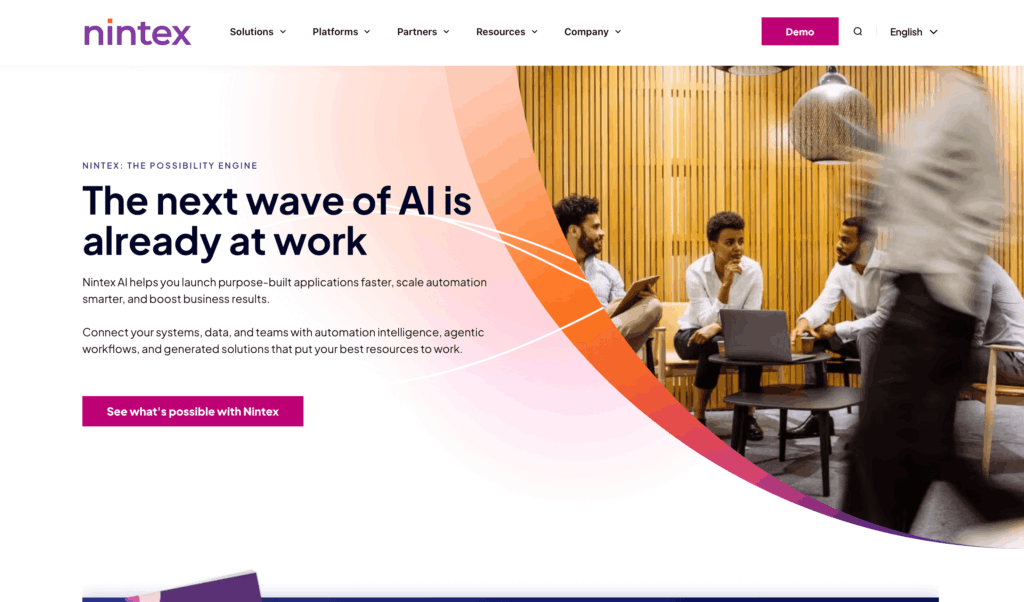 Nintex homepage showcasing AI-powered automation for business