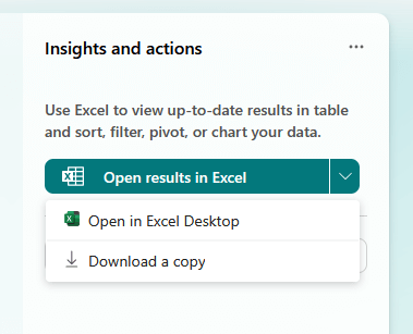 The "Open results in Excel" dropdown menu showing options to open on desktop or download a copy