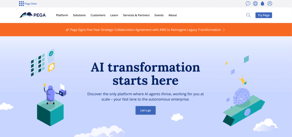 Pega homepage with AI transformation message and illustrated elements