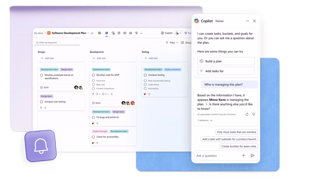 Flat design showing Microsoft Planner interface with Copilot AI integration