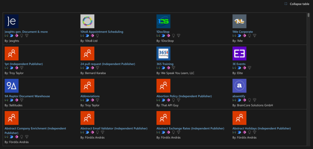 List of available Power Automate connectors in grid view
