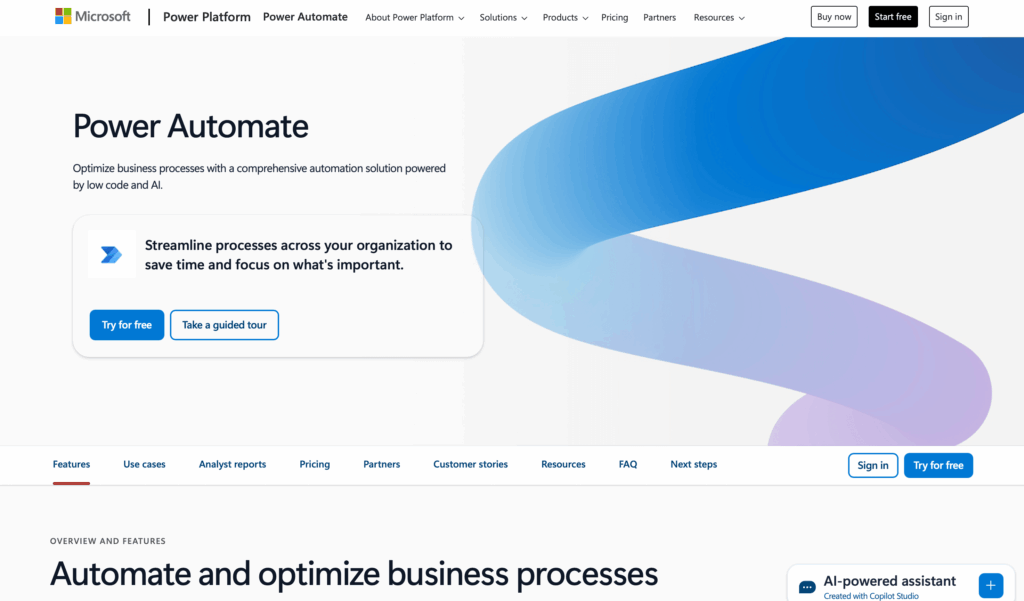 Microsoft Power Automate landing page promoting process automation