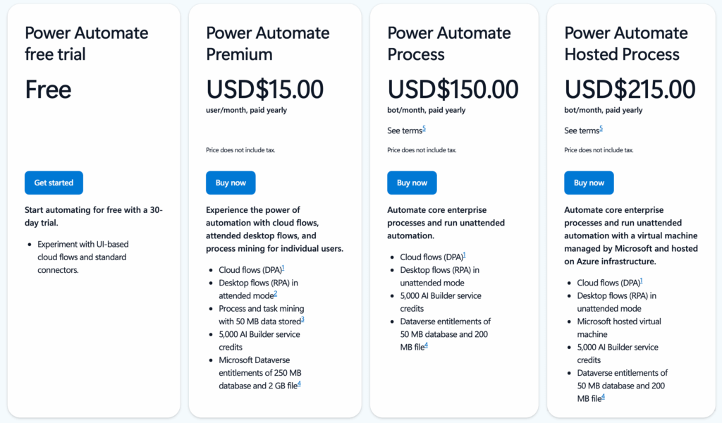 Power Automate pricing plans comparison table