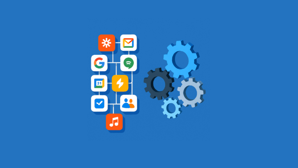 Zapier app icons connected in a flow beside interlocking blue gears on blue background