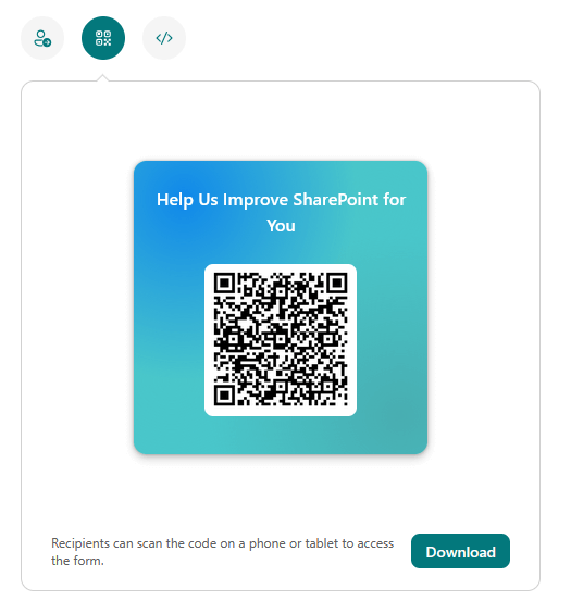 The QR code sharing screen in Microsoft Forms with a generated code and download button