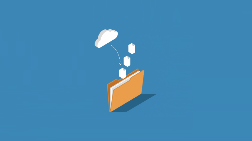Cloud icon transferring files into an open folder on blue background