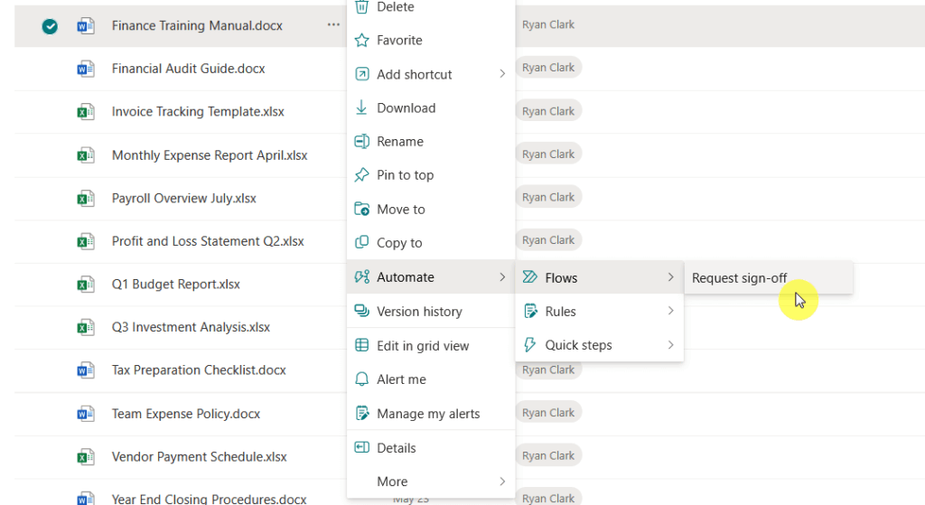 SharePoint document request sign-off menu
