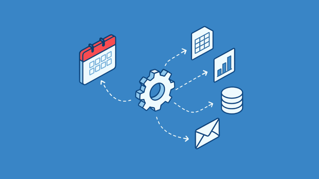 Illustration of calendar and automation gear with data and email icons
