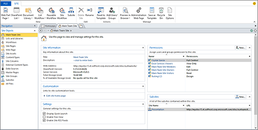 sharepoint designer interface showing site settings and permissions