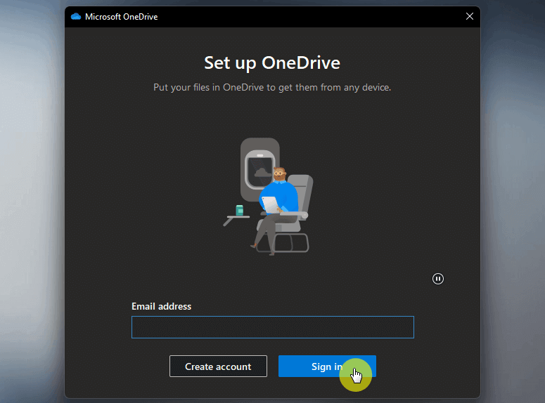 Onedrive setup sign in screen