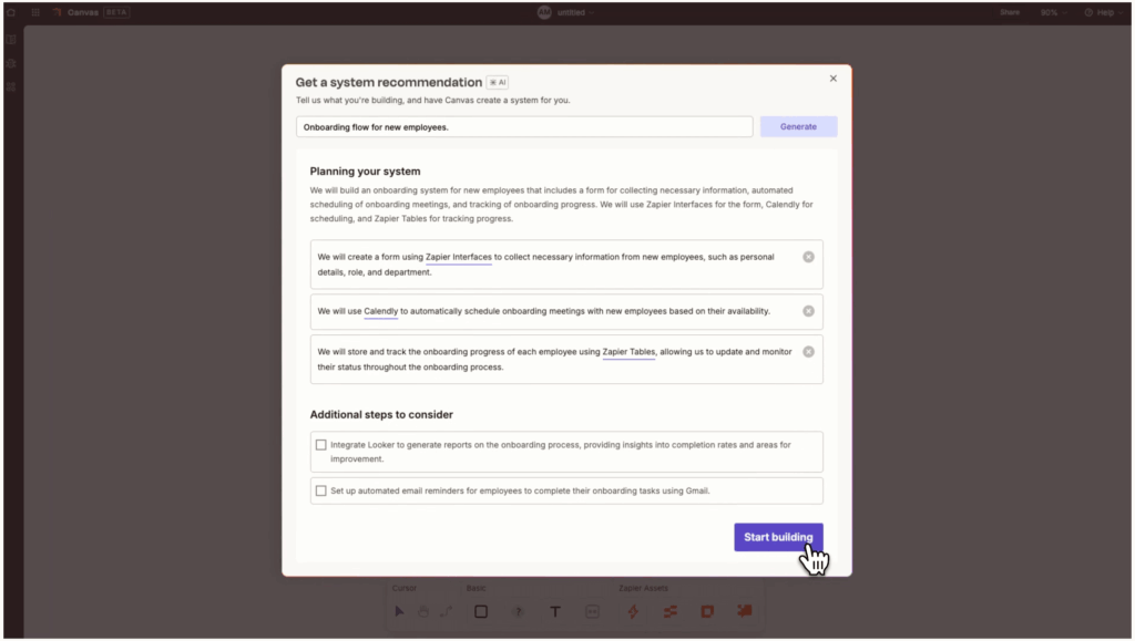 Zapier system recommendation panel for onboarding flow setup